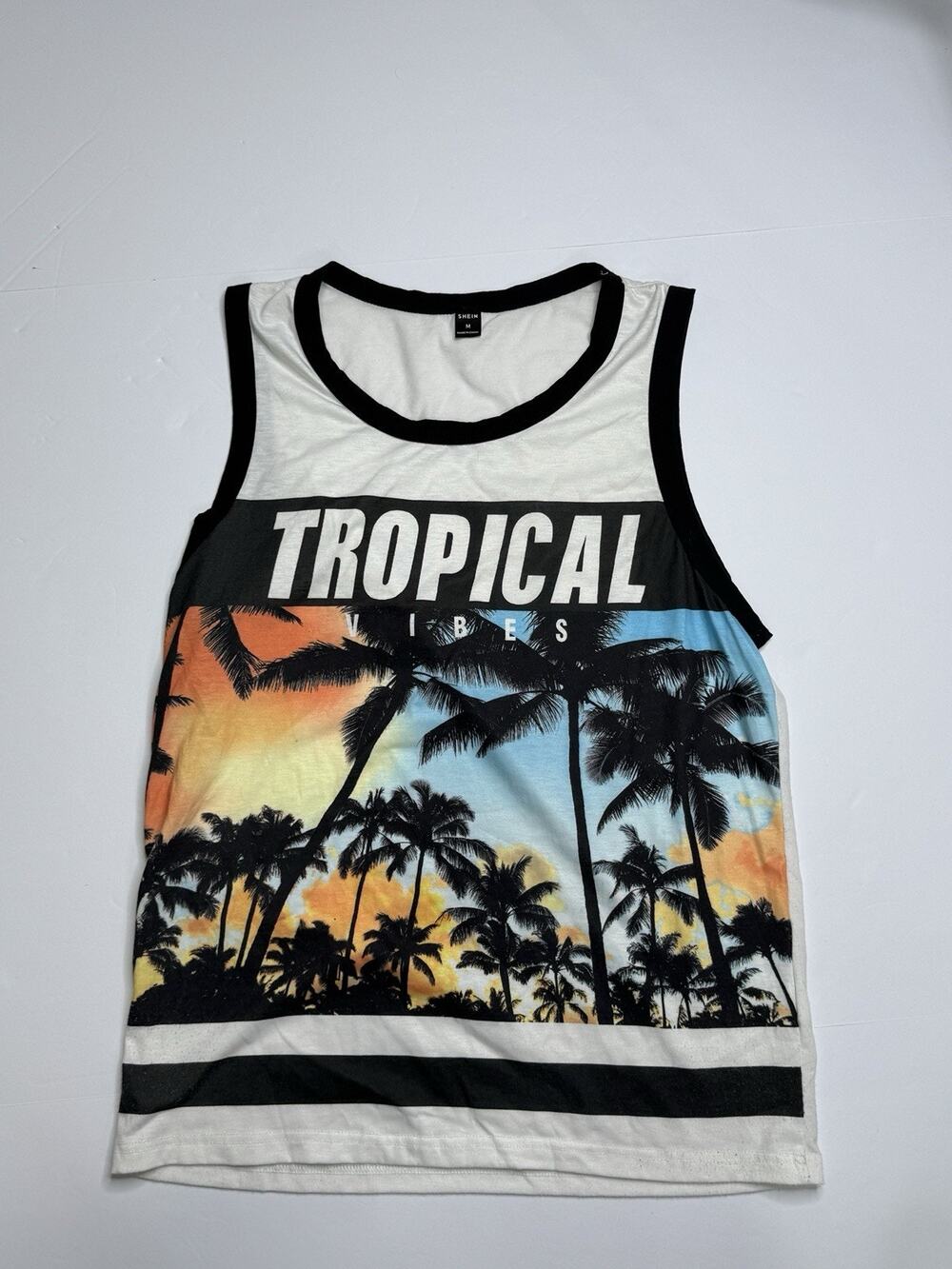 SHEIN Mens M Tropical Vibes Tank Top Palm Tree Sunset Beach Sleeveless